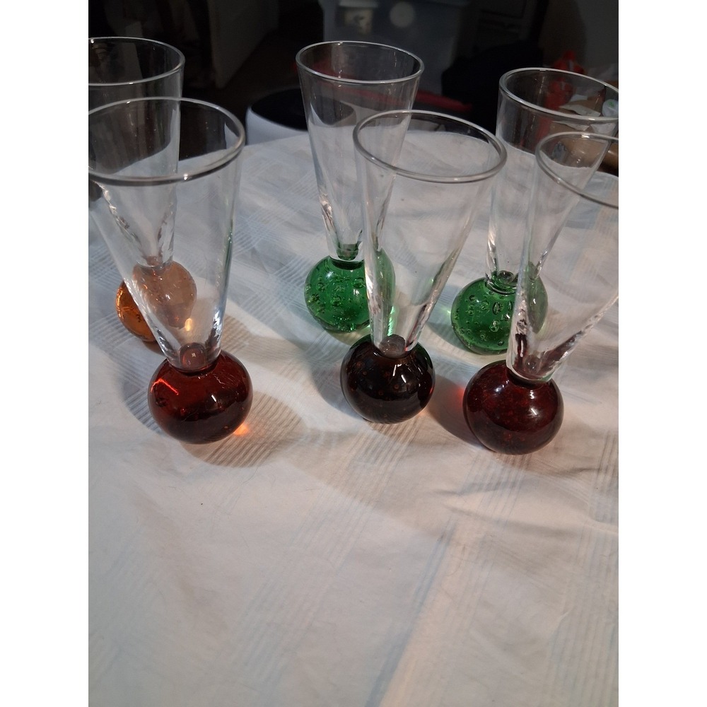 Set of 6 MCM Hand Blown Cordial Glasses Controlled Bubble Base Red Green Amber